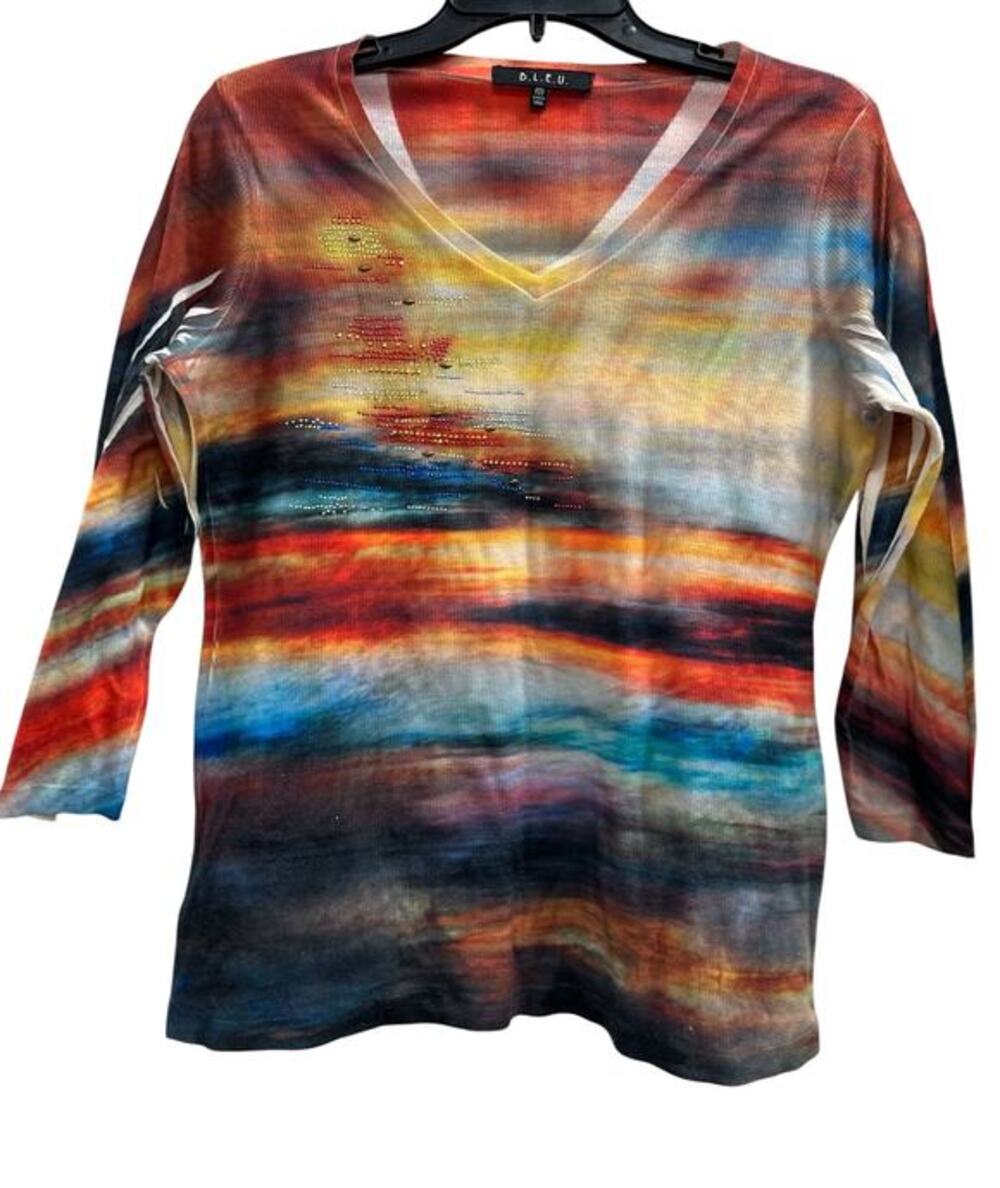Vintage B.L.E.U. Embellished ribbed stretchy ombre sunset 3/4 sleeve blouse SZ M